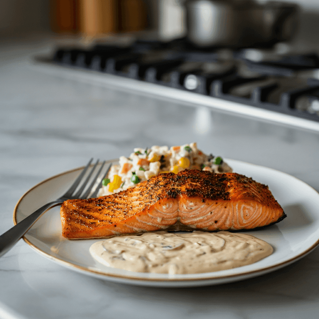 Smoky Blackened Salmon, Creamy Dijon