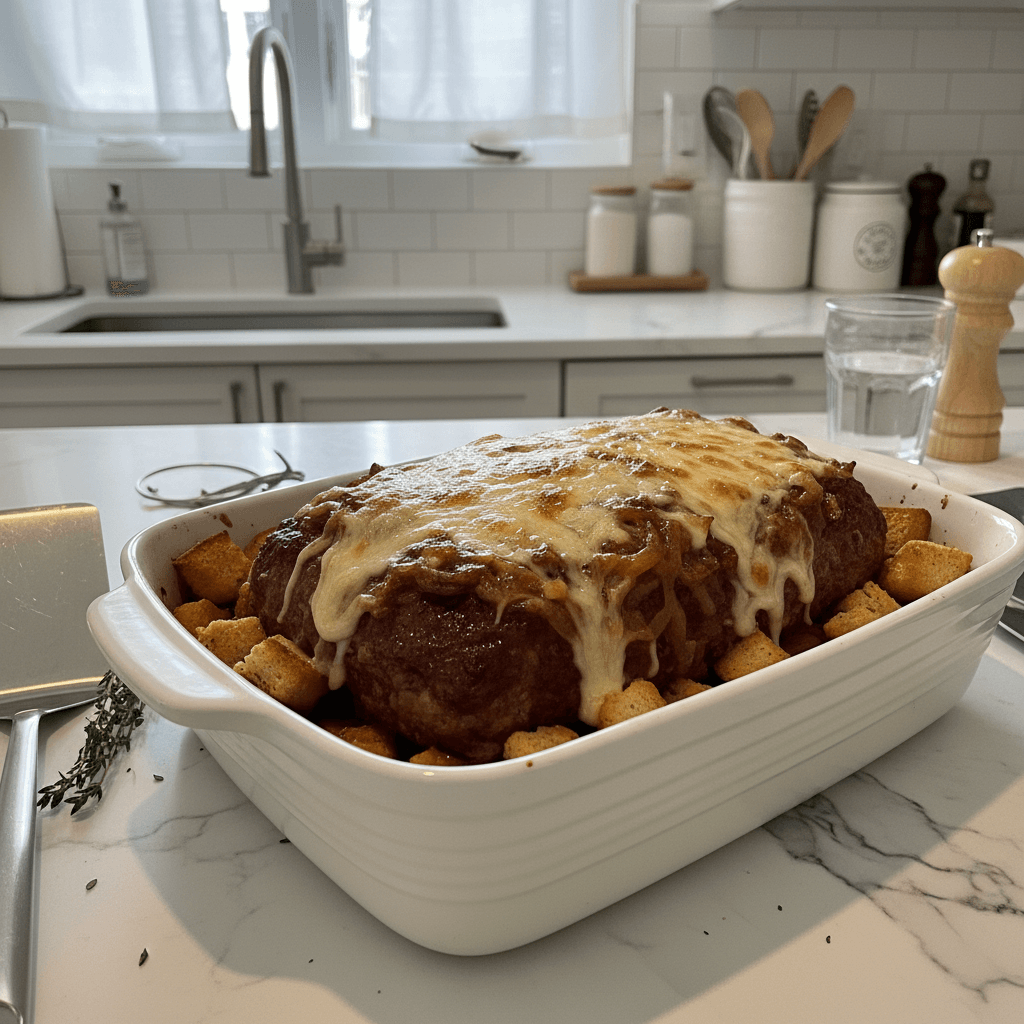 Rich French Onion Meatloaf with Golden Gruyere Crust