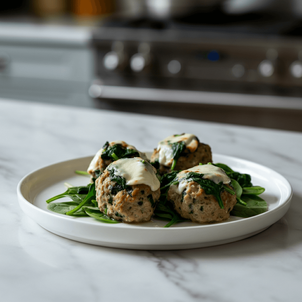 Mozzarella-Stuffed Turkey Meatballs with Spinach & Garlic