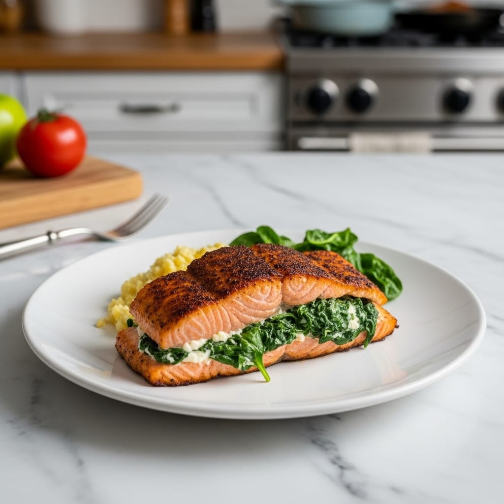 Blackened Salmon Stuffed: Spinach & Parmesan Delight