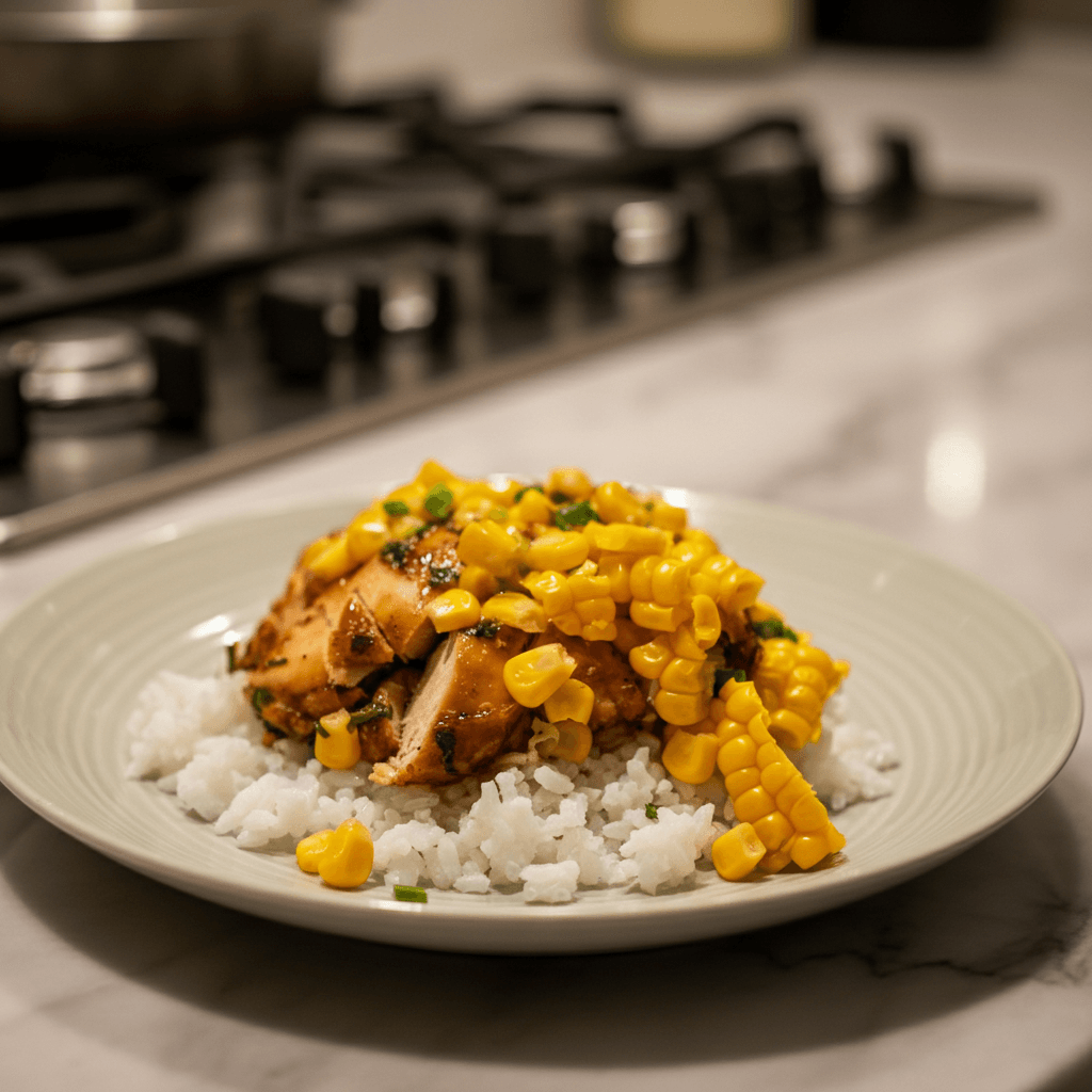 Quick Creamy Street Corn Chicken Rice Bowl