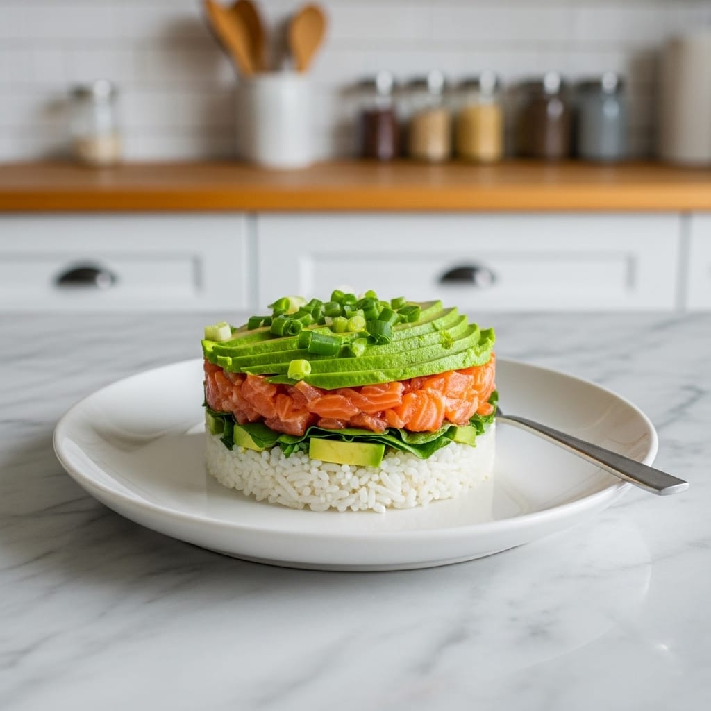 Teriyaki Salmon Avocado Rice Stack: Savory Layers