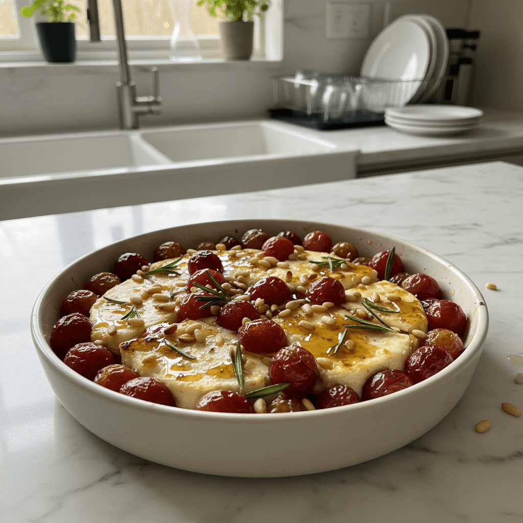 Warm Baked Feta with Roasted Grapes, Hot Honey & Rosemary