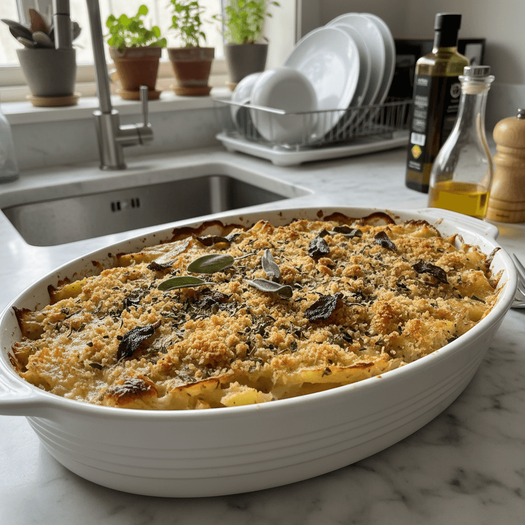 Rustic Cardoon Potato Gratin with Gruyère & Sage Crumbs