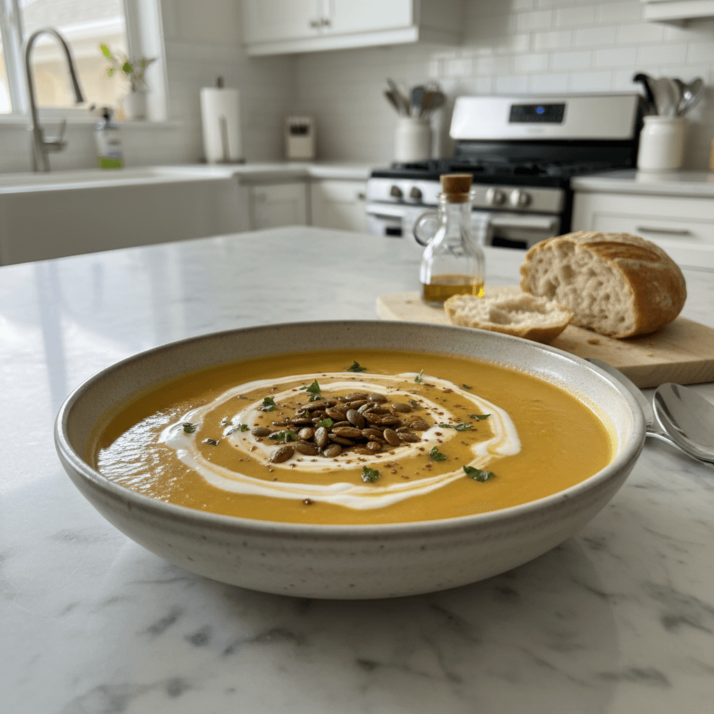 Creamy Butternut Squash Soup: Kefir Swirl, Chili Seeds