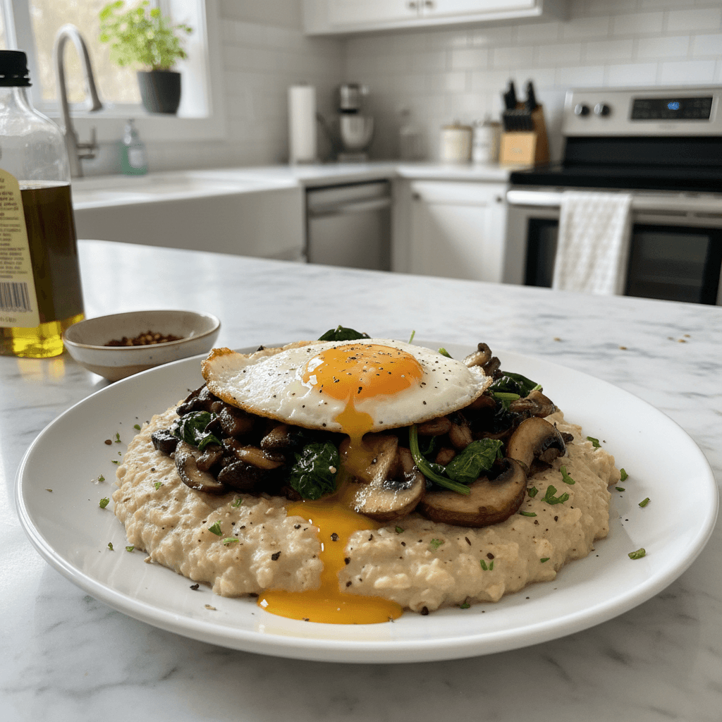 Hearty Savory Oatmeal with Sautéed Mushrooms & Egg