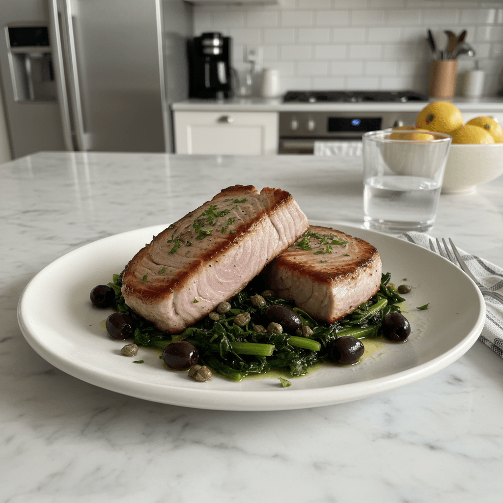 Fresh Seared Tuna Steaks with Braised Cavolo Nero