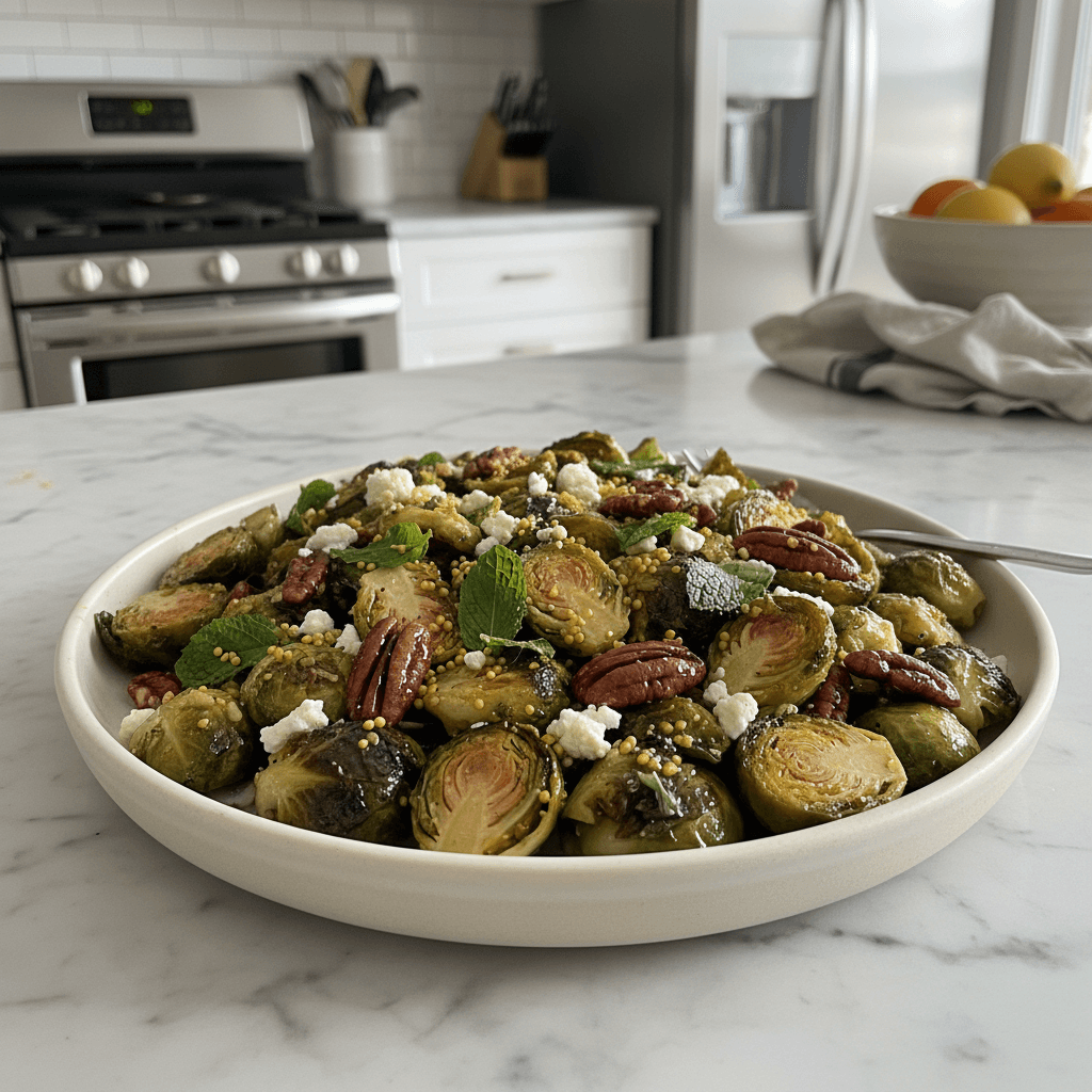 Smoky Brussels Sprout Salad: Hot Honey Walnuts & Pickled Mustard Seeds