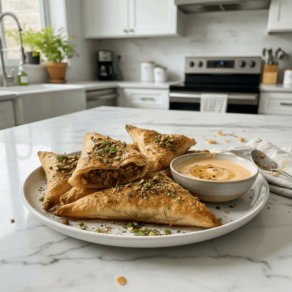 Crispy Spiced Lamb & Pumpkin Phyllo with Hot Honey Yogurt