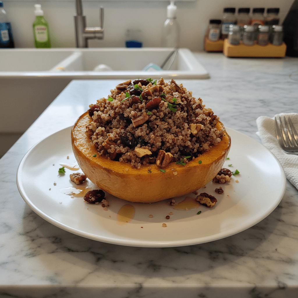 Stuffed Acorn Squash: Sweet & Spiced Quinoa Pecan