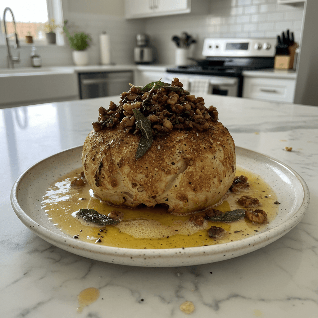 Roasted Celeriac with Walnut-Mushroom Duxelles & Sage