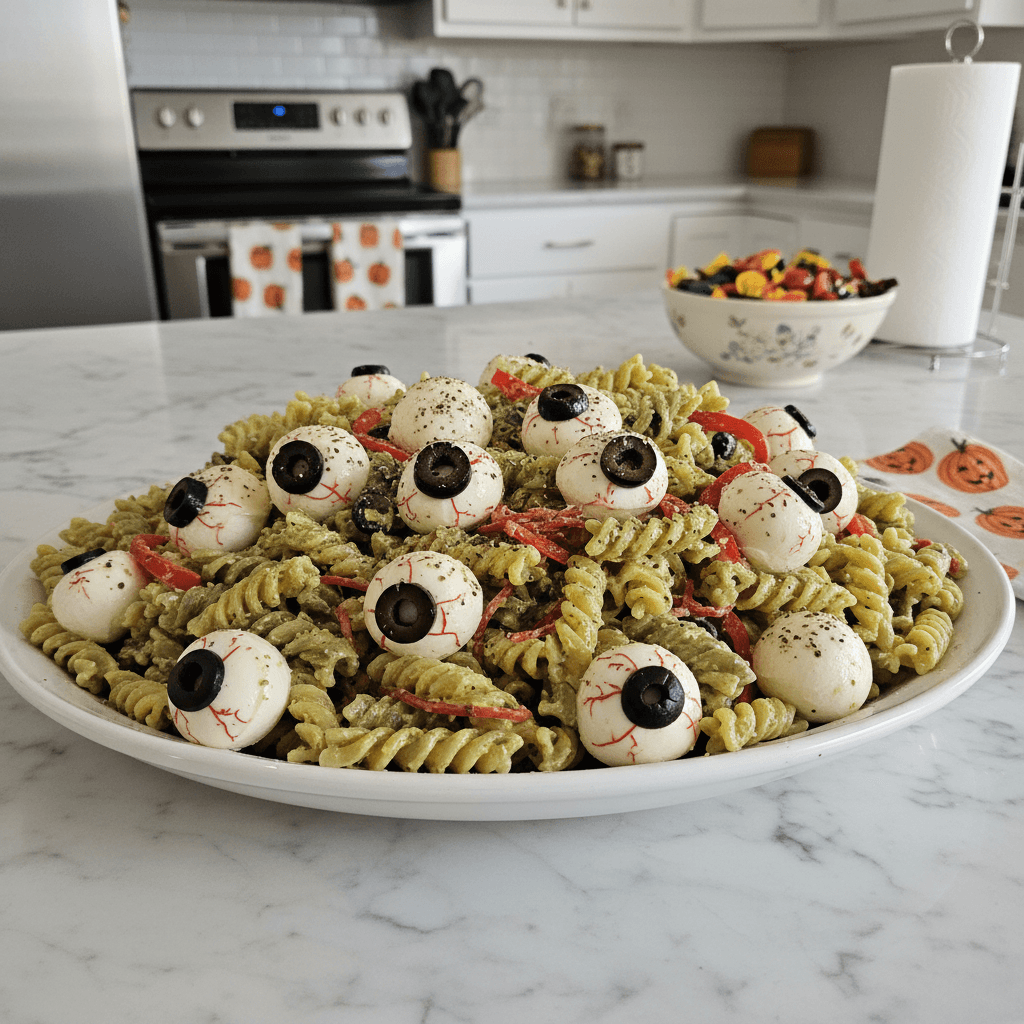 Creepy Eyeball Pasta Salad for Halloween Potlucks