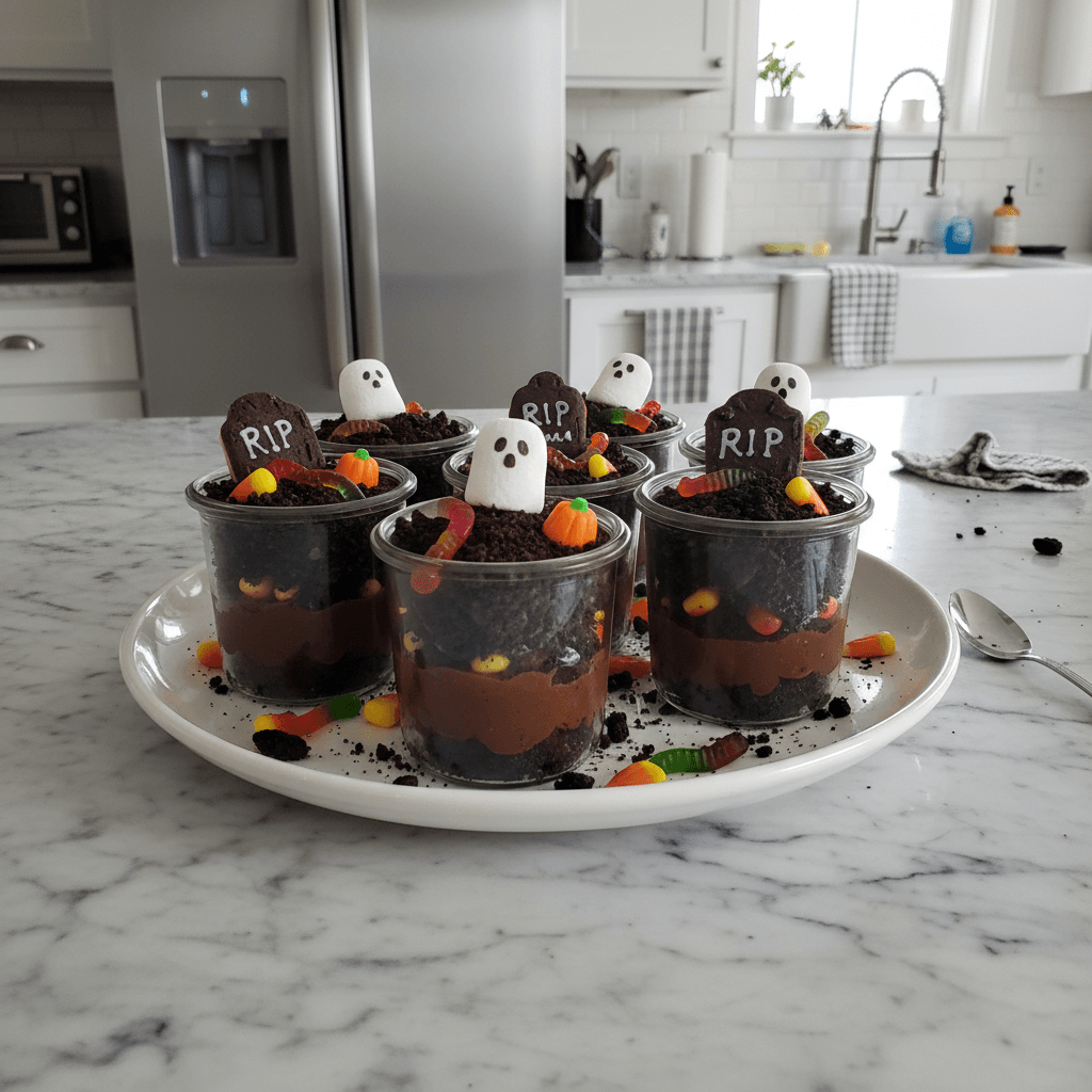Spooky Graveyard Chocolate Pudding Dirt Cups for Halloween