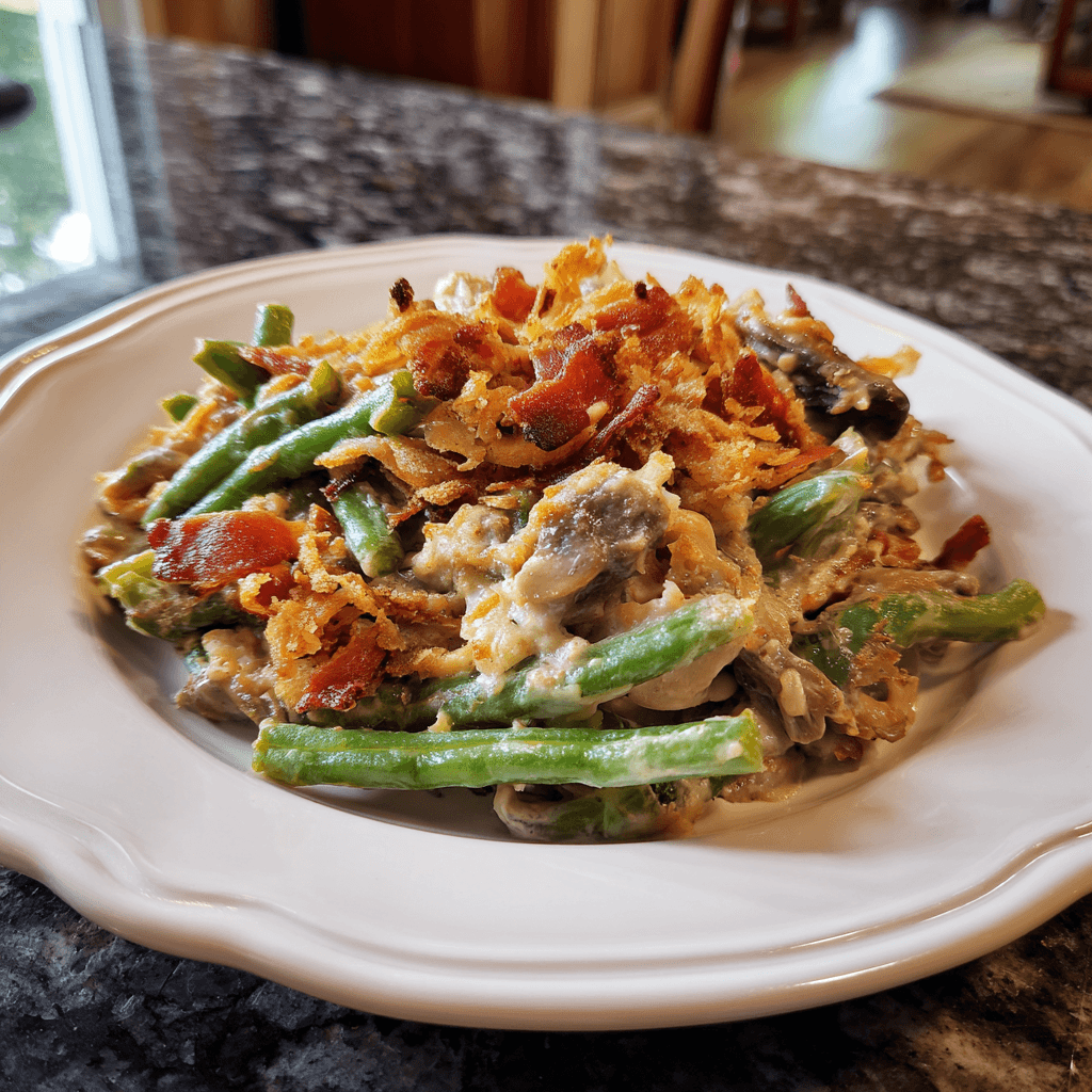 Creamy Green Bean Casserole with Bacon Crumble