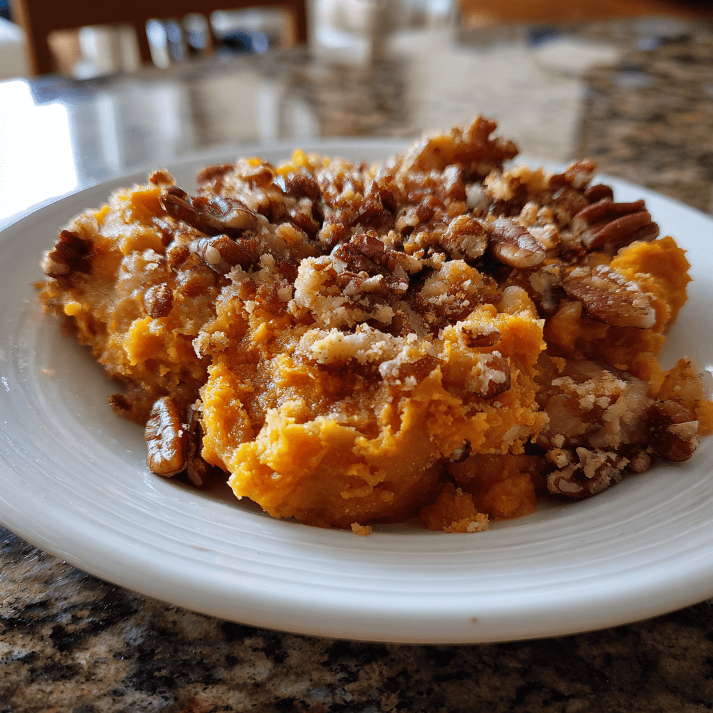 Homestyle Sweet Potato Casserole with Crunchy Pecan Topping