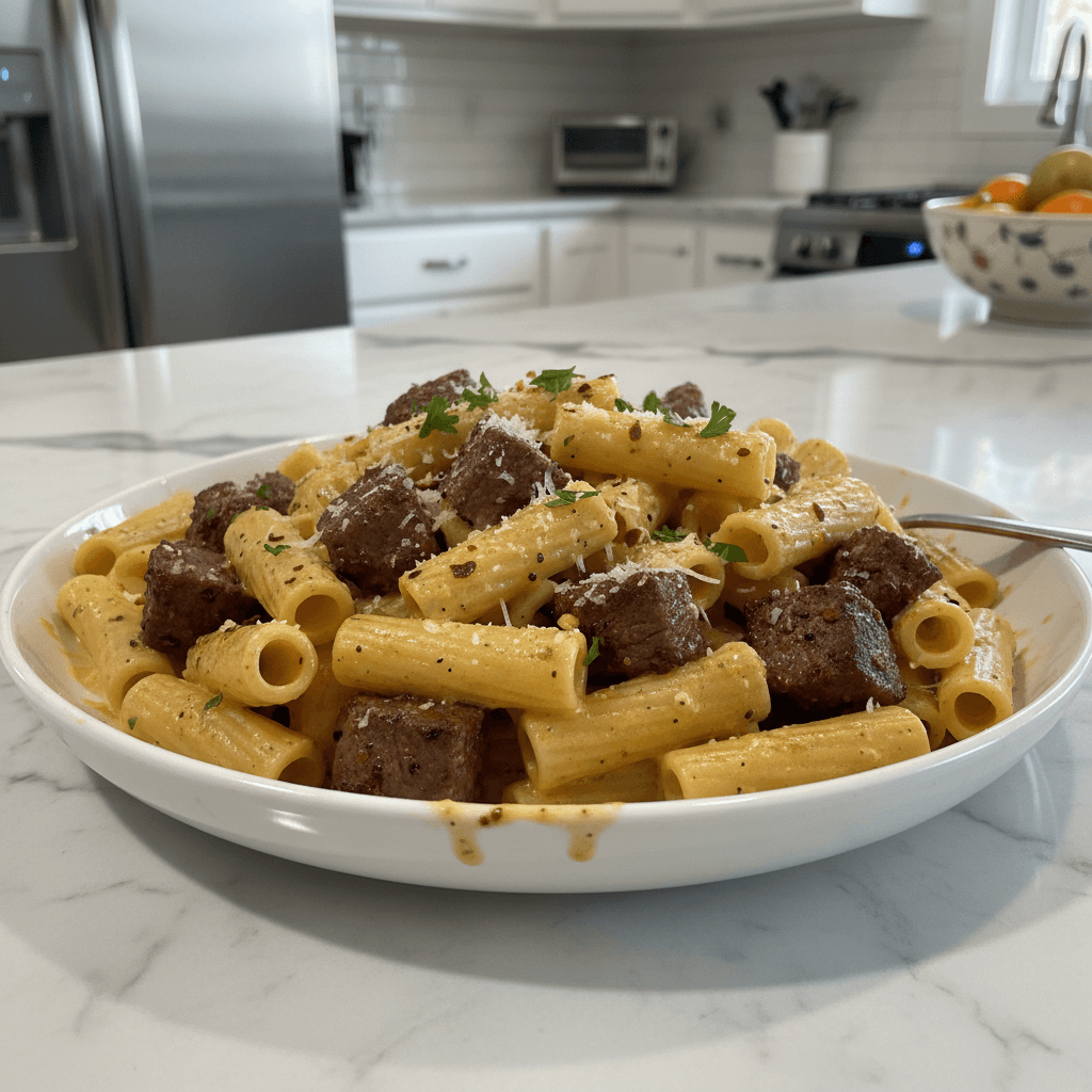 Cajun Steak Tips Rigatoni: Cheesy Parmesan Sauce