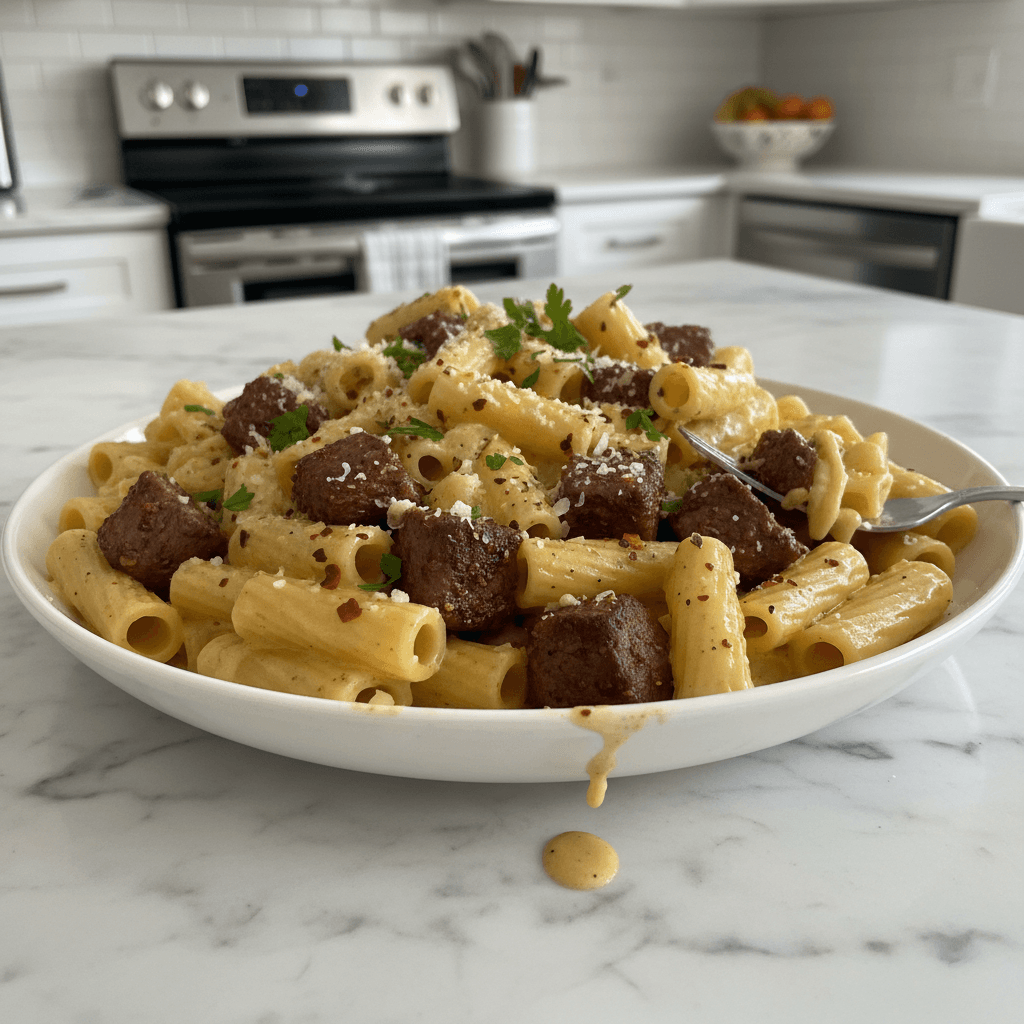Spicy Cajun Steak Tips with Cheesy Rigatoni