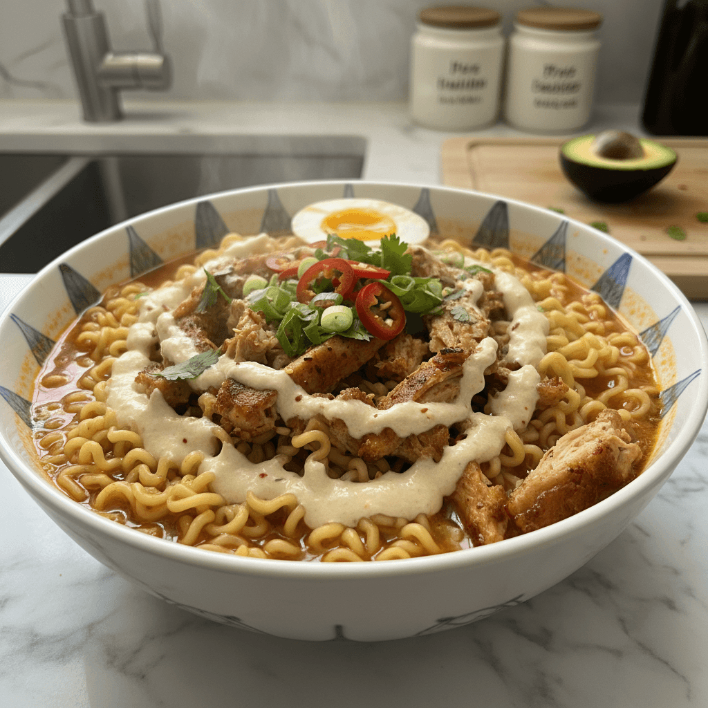 Fiery Chicken Ramen with Creamy Garlic Sauce: A Comfort Bowl