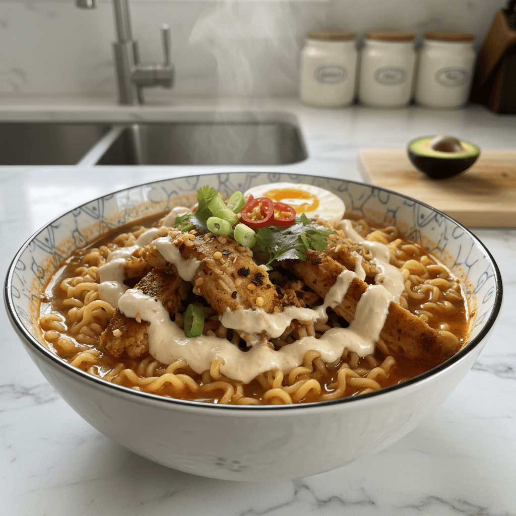 Fiery Chicken Ramen with Creamy Garlic Sauce