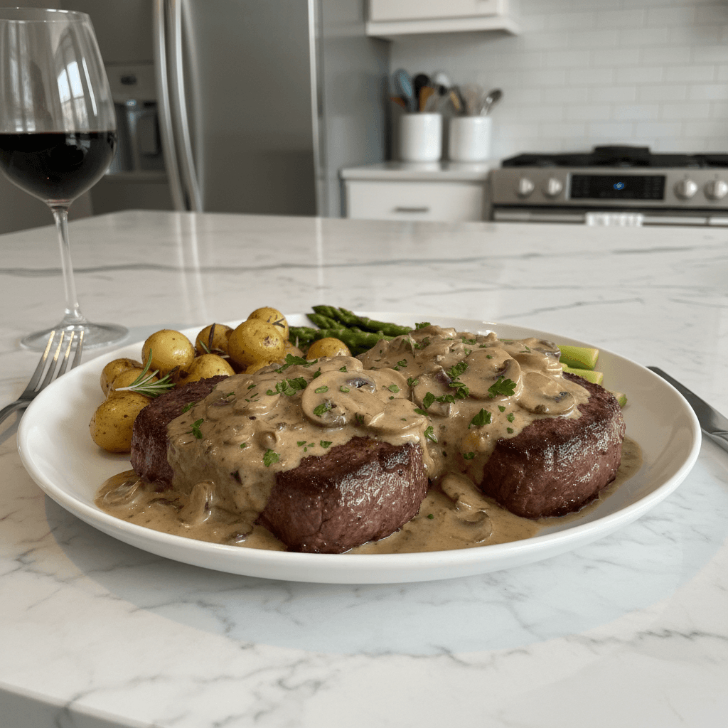 Juicy Sirloin Dinner in Rich Mushroom Cream Sauce