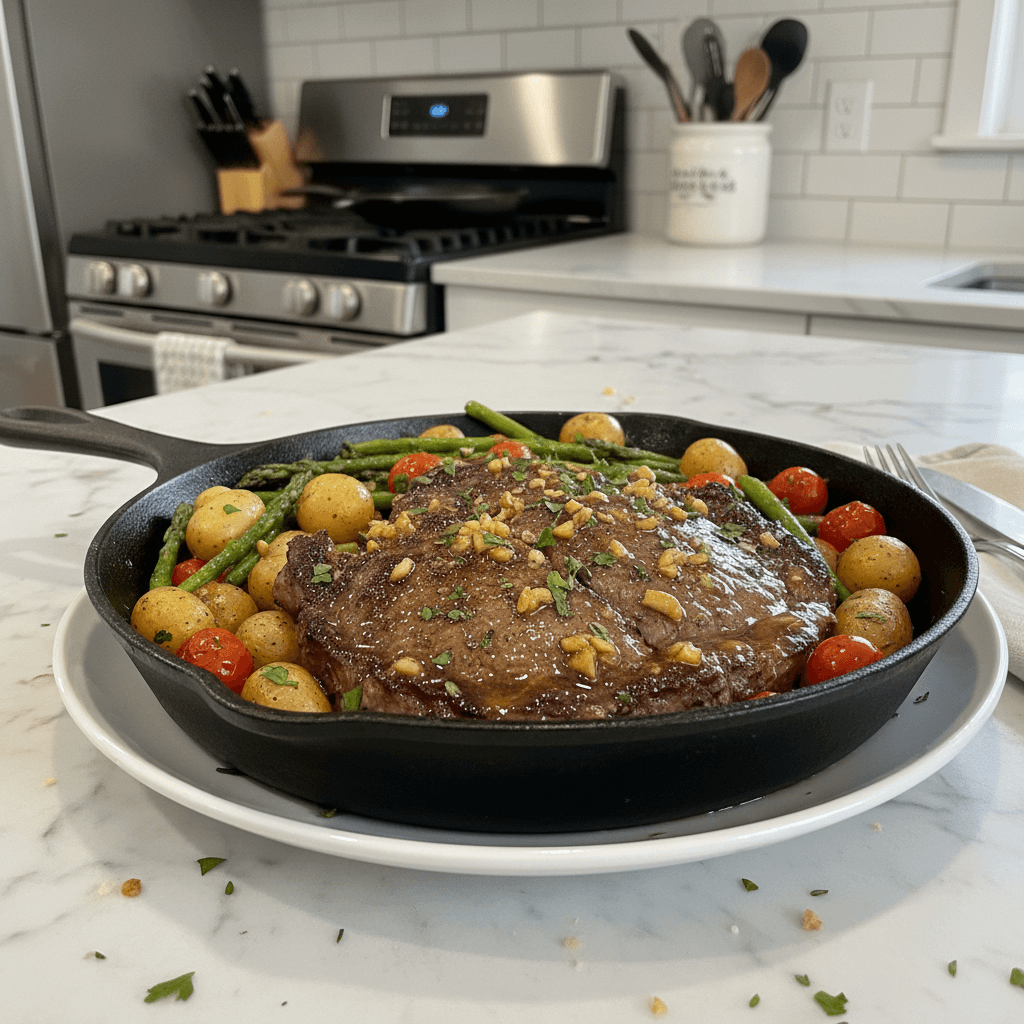 Tender Juicy Sirloin Dinner Skillet, Garlic Herb Sauce