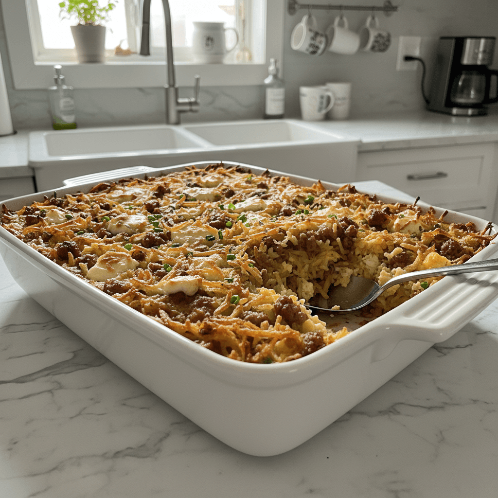 Hearty Sausage, Egg, Cream Cheese Hashbrown Bake