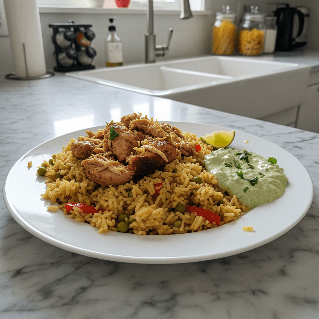Peruvian Chicken & Rice with Green Sauce: Simple Shredded Dinner