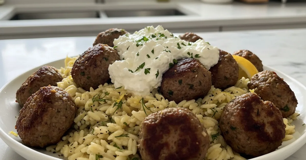 Zesty Boulettes Grecques & Orzo Citronné avec Crème de Feta