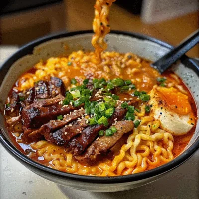 Spicy Korean Ramen with Grilled Beef & Creamy Sauce