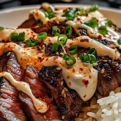 Korean BBQ Steak Rice Bowls with Spicy Cream Sauce
