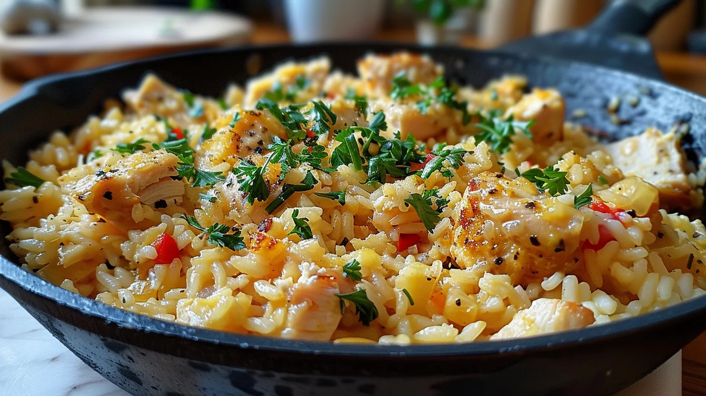 The Ultimate Creamy White Cheddar Garlic Butter Chicken Rice Skillet