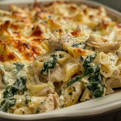 High Protein Chicken Spinach Artichoke Pasta Bake