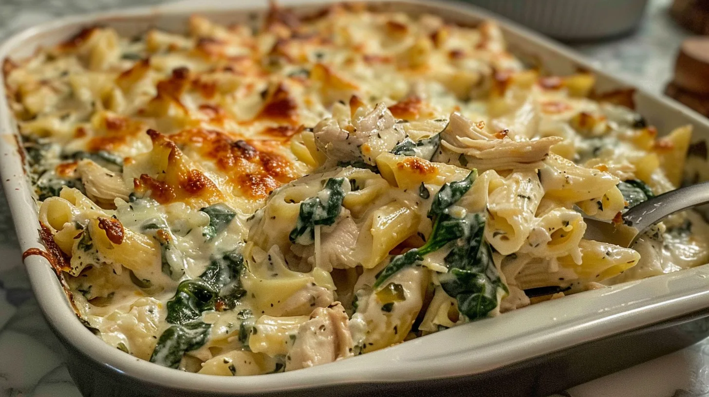 The Ultimate High Protein Chicken Spinach Artichoke Pasta Bake