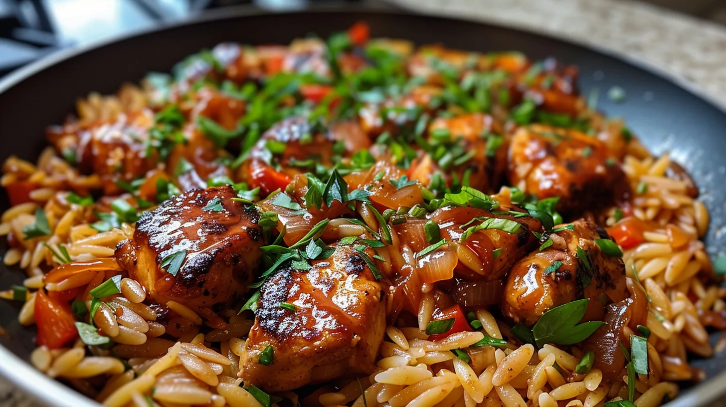 The Ultimate One Pan Sweet and Smoky BBQ Chicken Orzo You’ll Crave