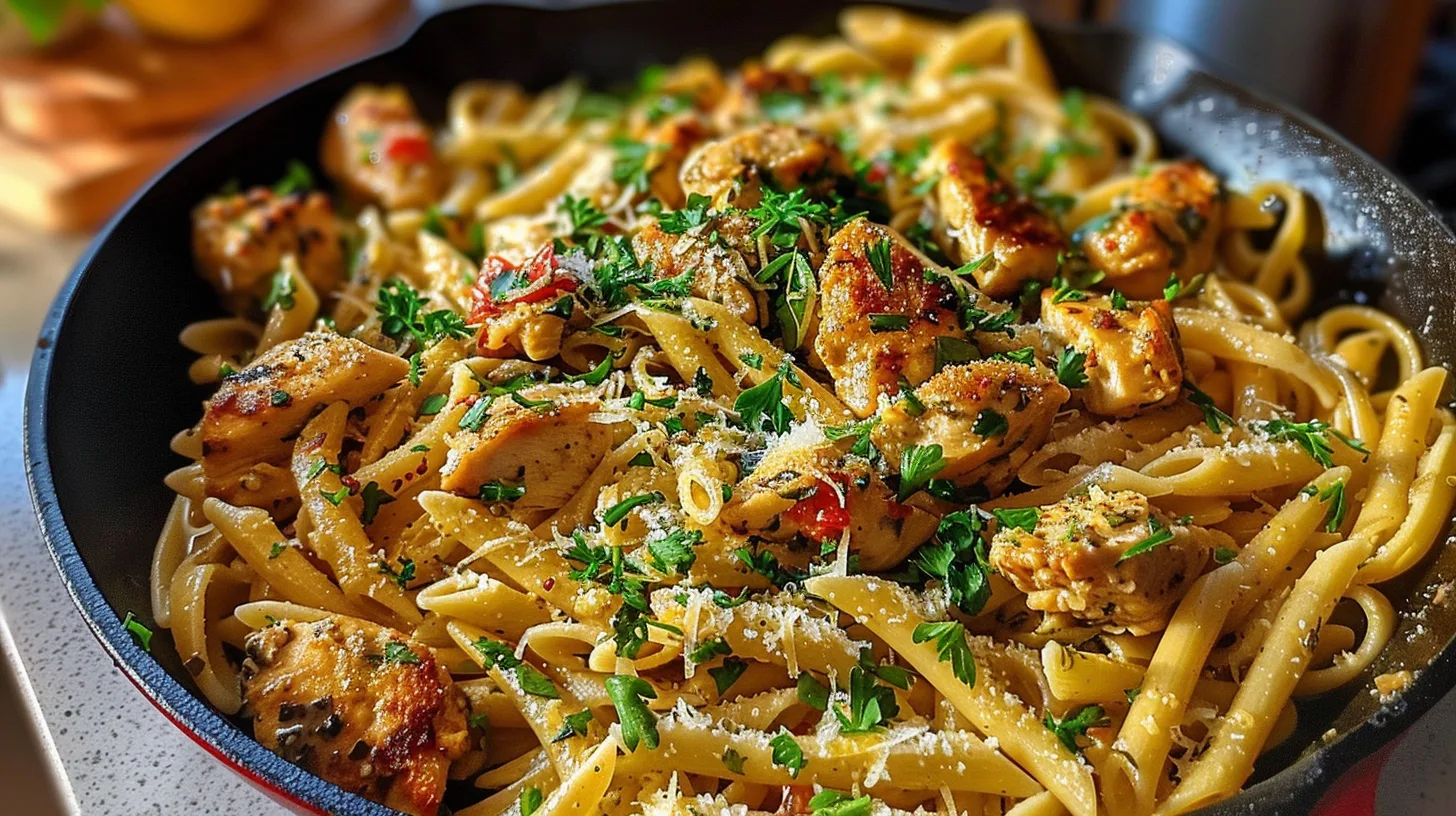 The Ultimate Sticky Garlic Parmesan Chicken Skillet Pasta Recipe