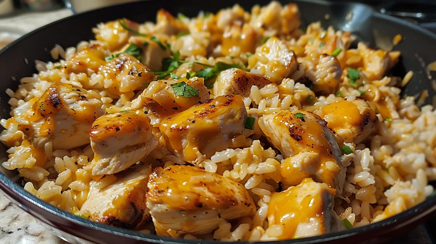 The Ultimate Sticky Honey Ranch Cheddar Chicken Rice Skillet