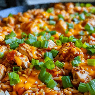 Sticky Sweet Smoky Buffalo Cheddar Chicken Rice Skillet