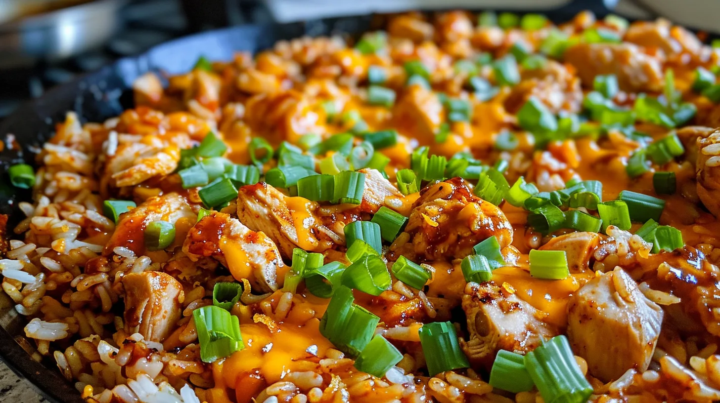 The Ultimate Sticky Sweet Smoky Buffalo Cheddar Chicken Rice Skillet