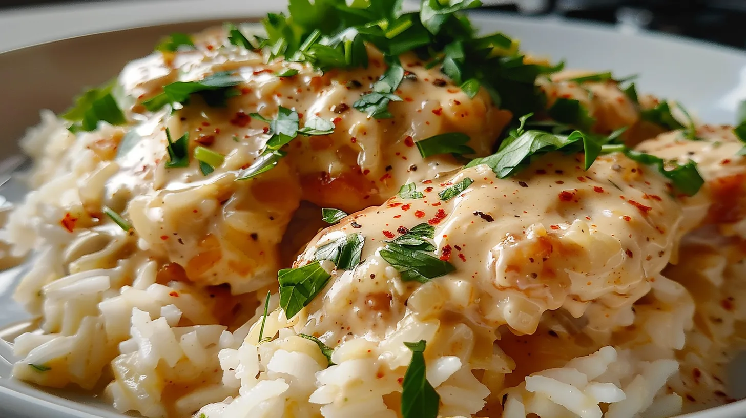 The Ultimate Creamy Honey Mustard Pepper Jack Chicken Rice