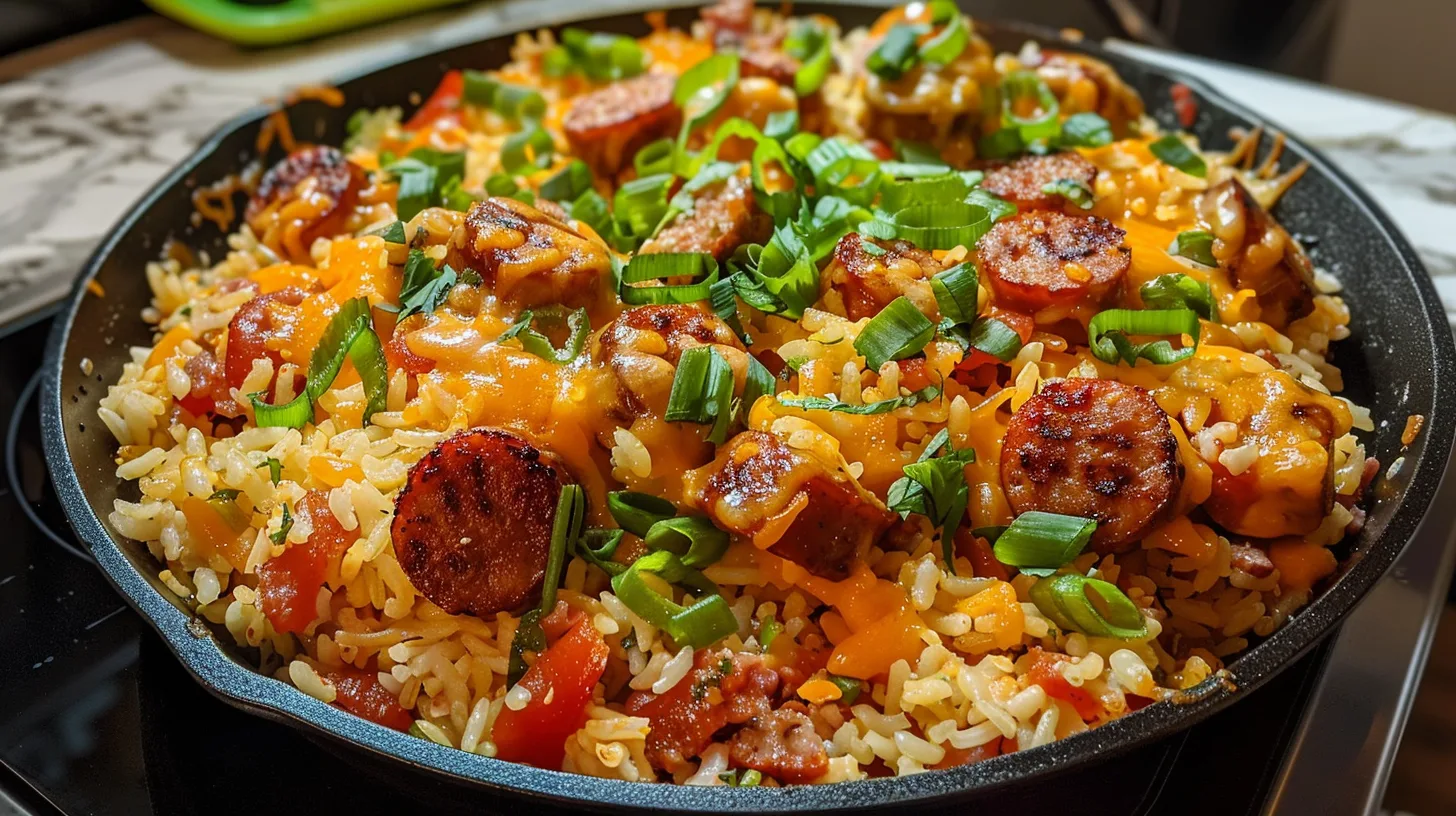 The Ultimate One Pan Spicy Buffalo Chicken and Sausage Rice