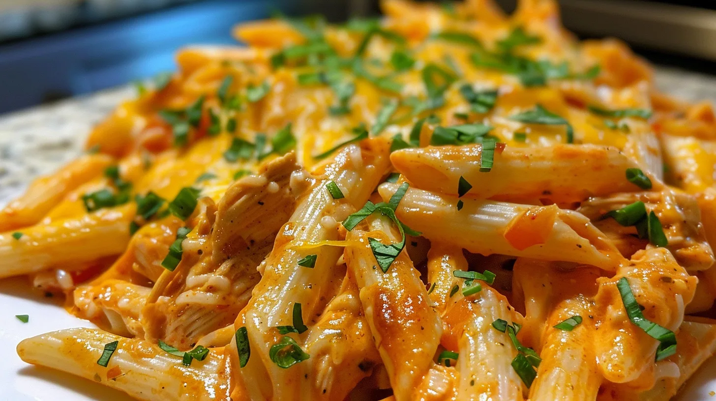 The Easiest One Pot Creamy Buffalo Ranch Chicken Penne Ever