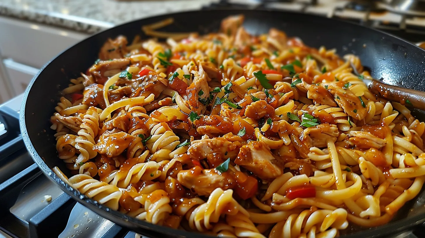 The Ultimate Sticky Honey BBQ Chicken Pasta Skillet Recipe