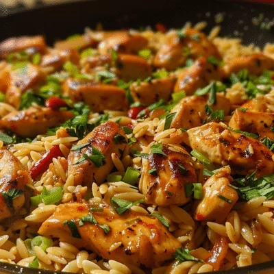 Sticky Sweet Garlic Butter Chili Chicken Orzo Skillet