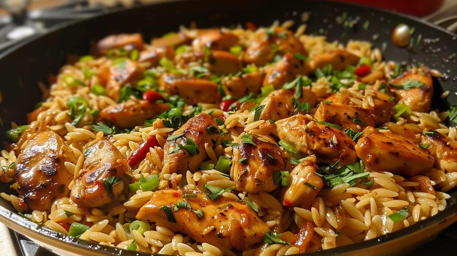 The Ultimate Sticky Sweet Garlic Butter Chili Chicken Orzo Skillet
